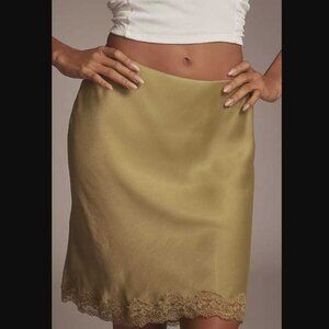 Anthropologie Olive Green Satin Pencil Skirt with Lace Trim